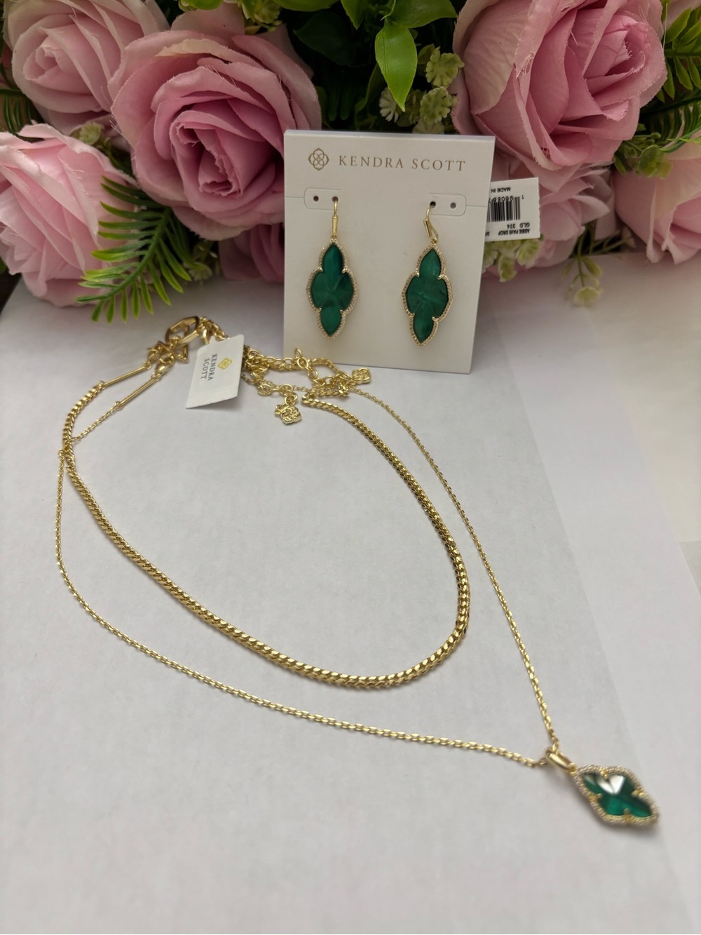 NWT Kendra Scott set of Abbie Pave Frame Drop Earrings + multi standard necklace